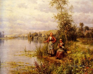 Mujeres del campo después de pescar en una tarde de verano Louis Aston Knight Pinturas al óleo